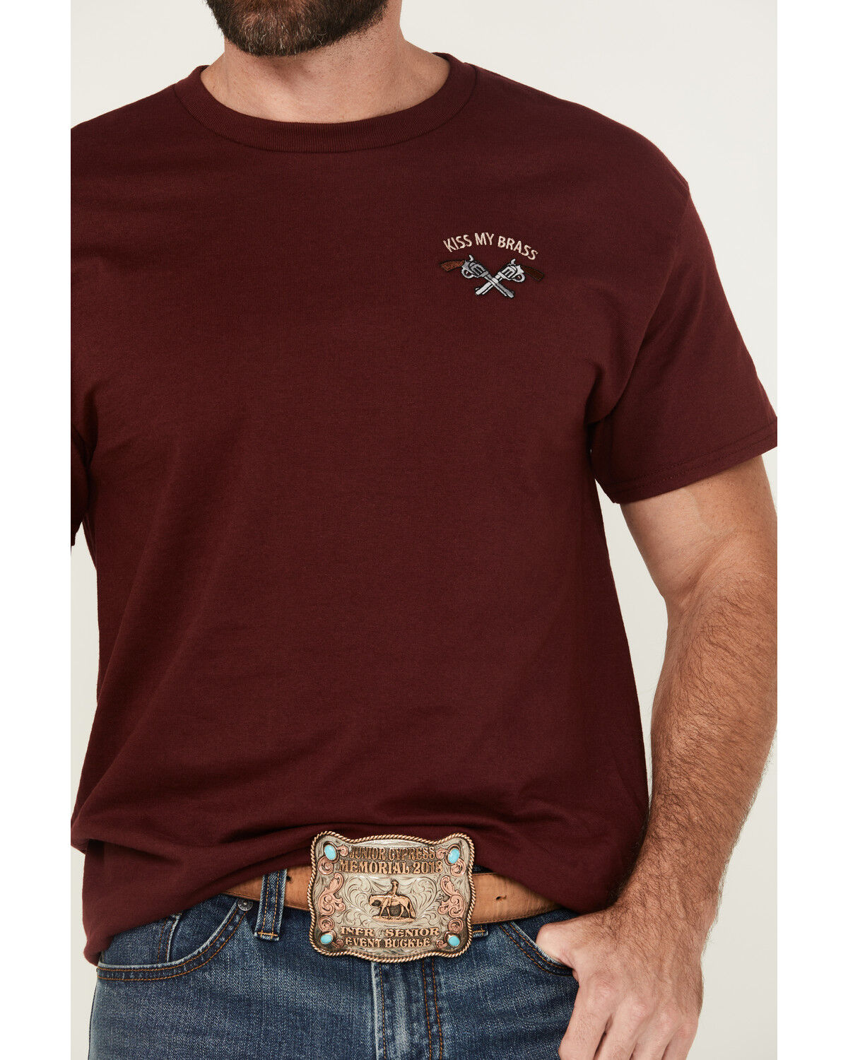 Image #3 - Riot Society Men's Boot Barn Exclusive Kiss My Brass Embroidery Short Sleeve T-Shirt, Burgundy, hi-res