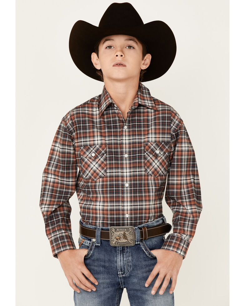 Rough Stock By Panhandle Boys' Steel Plaid Long Sleeve Snap Western Shirt , Steel, hi-res