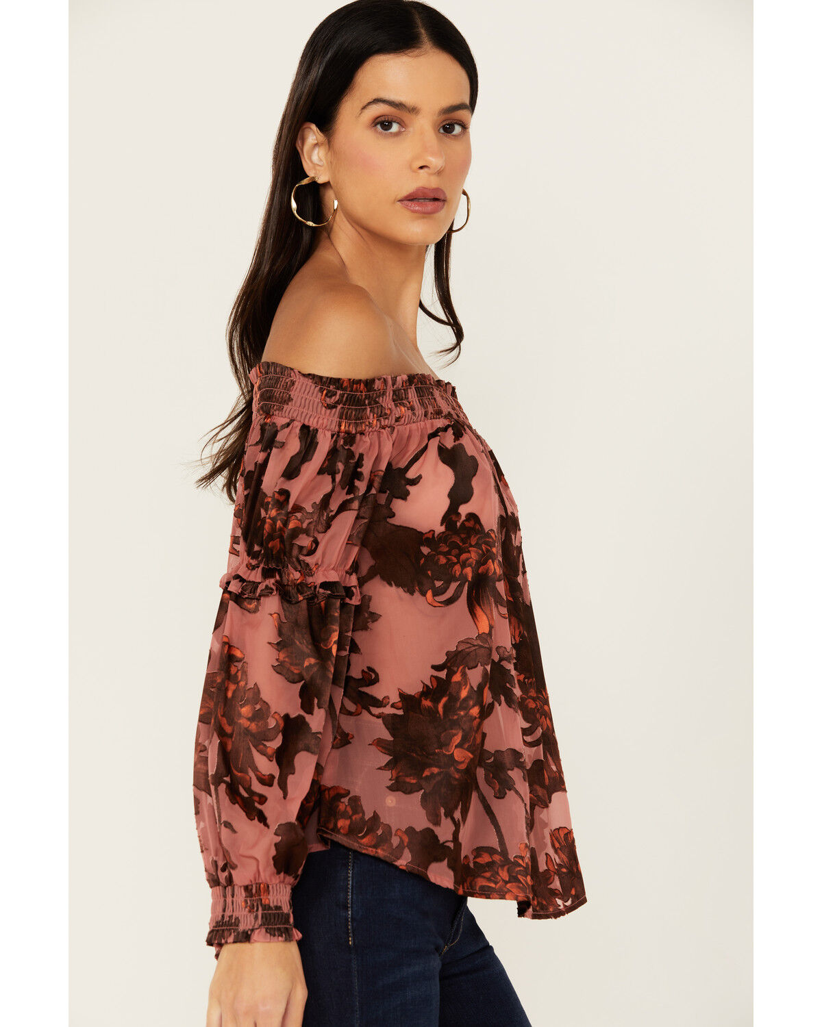 Image #3 - Shyanne Women's Burnout Satin Printed Peasant Top, Mauve, hi-res