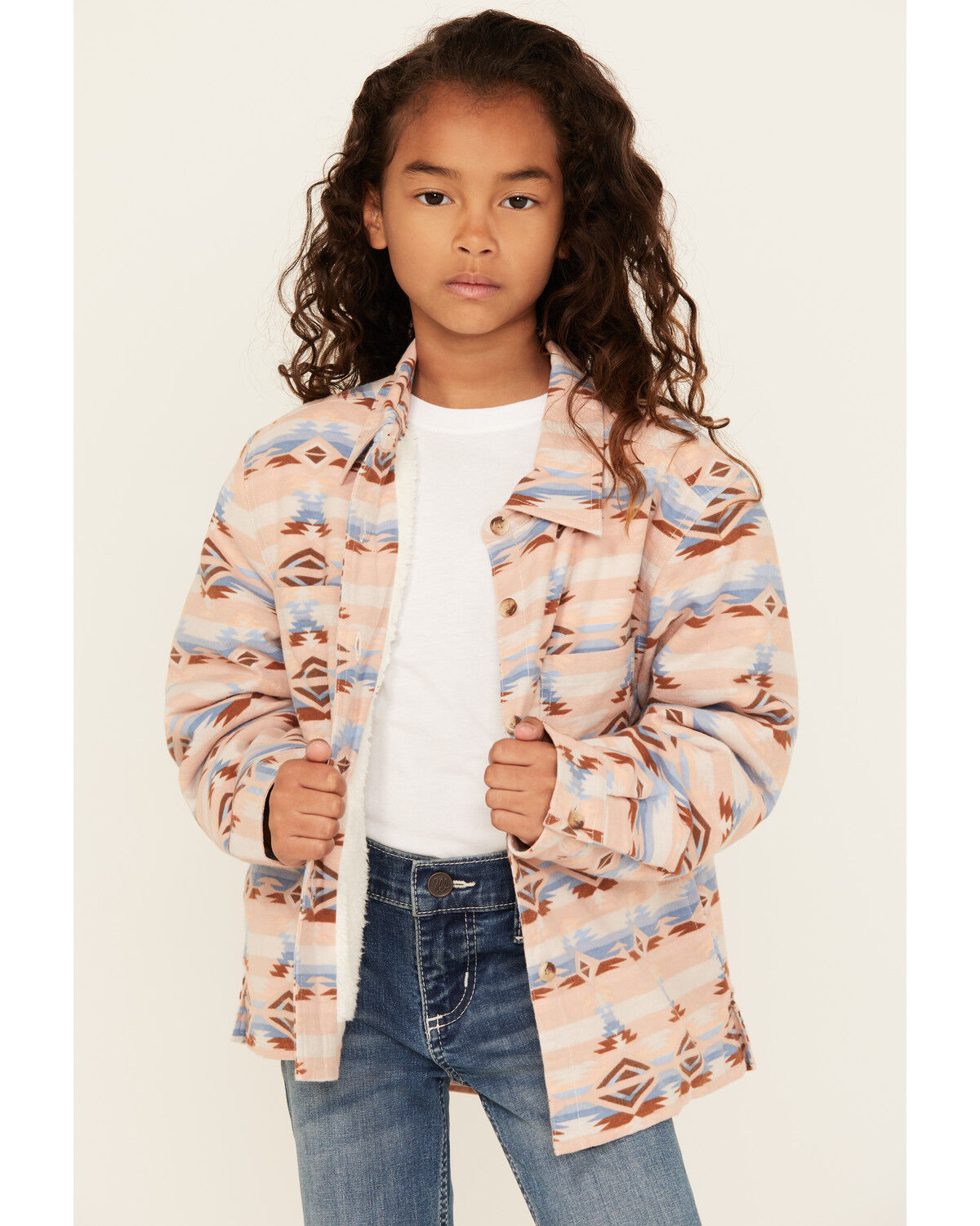 Image #1 - Ely Walker Girls' Southwestern Print Button-Down Sherpa Lined Shacket, Rust Copper, hi-res