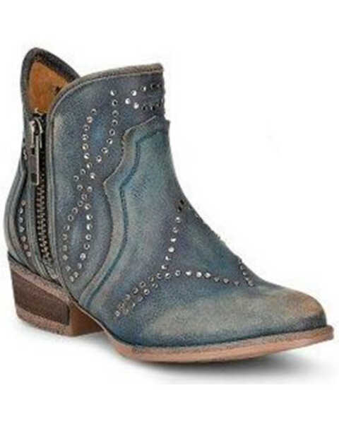 Image #1 - Corral Women's Distressed Studded Booties - Round Toe, Blue, hi-res