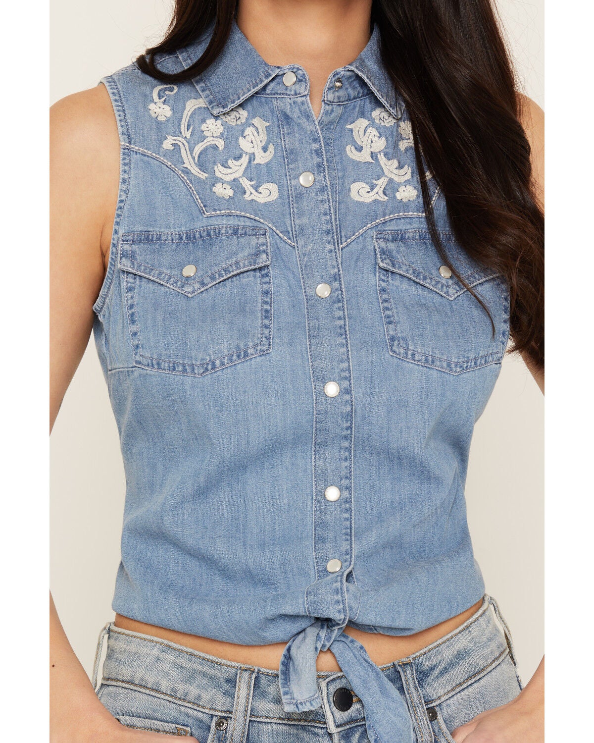 Image #3 - Idyllwind Women's Pearl Embroidered Tie-Front Sleeveless Pearl Snap Western Shirt, Medium Wash, hi-res