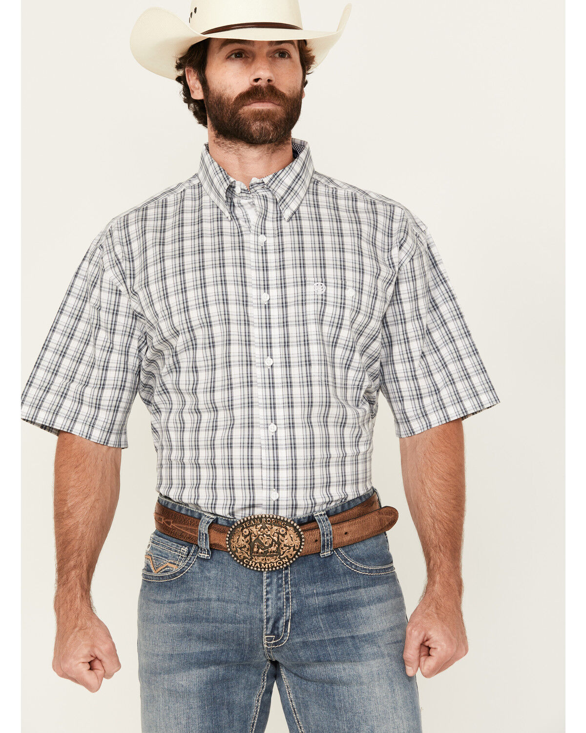 Image #1 - George Strait by Wrangler Men's Plaid Print Short Sleeve Button-Down Stretch Western Shirt, White, hi-res