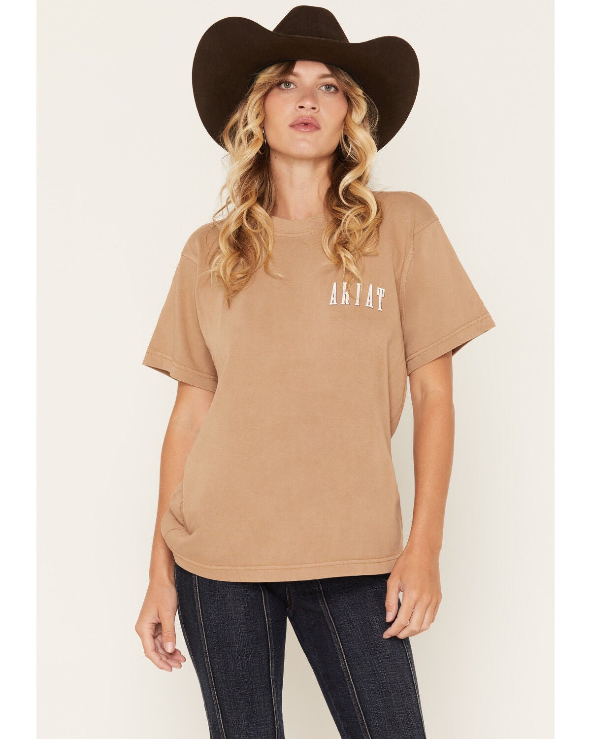 Image #1 - Ariat Women's Boot Barn Exclusive Sunflower Logo Short Sleeve Graphic Tee, Beige, hi-res