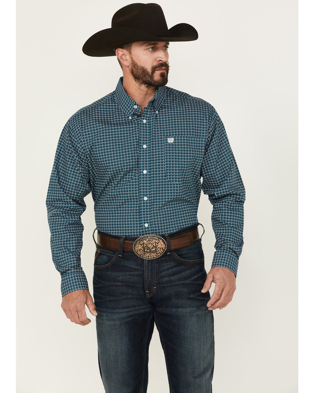 Image #1 - Cinch Men's Geo Print Long Sleeve Button-Down Western Shirt, Teal, hi-res