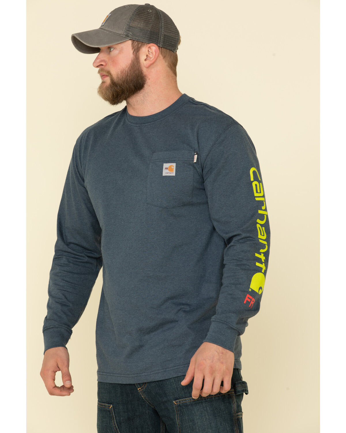 Image #1 - Carhartt Men's M-FR Midweight Signature Logo Long Sleeve Work Shirt - Tall, Dark Blue, hi-res
