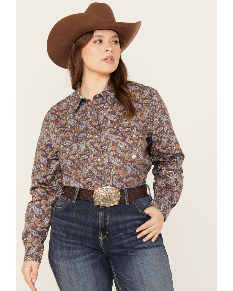 Roper Women's Amarillo Paisley Print Long Sleeve Western Snap Shirt - Plus, Navy, hi-res