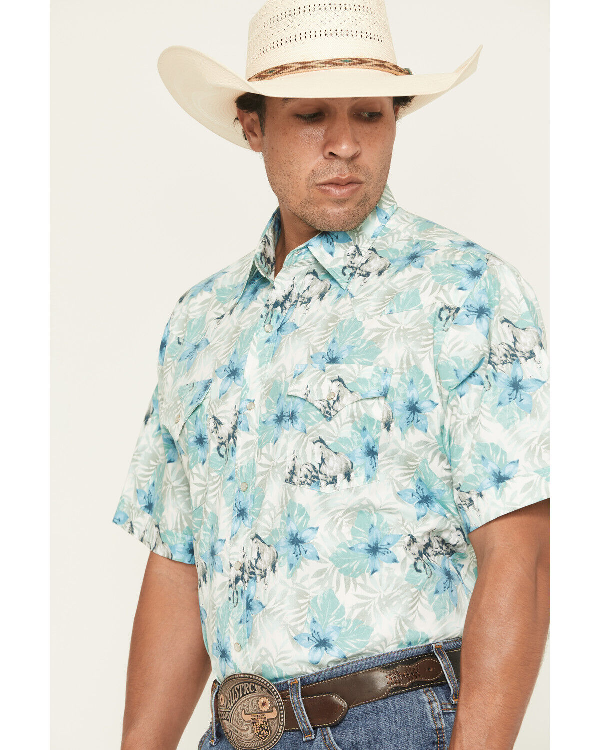 Image #2 - Ely Walker Men's Hawaiian Horse Print Short Sleeve Snap Western Shirt, Cream, hi-res