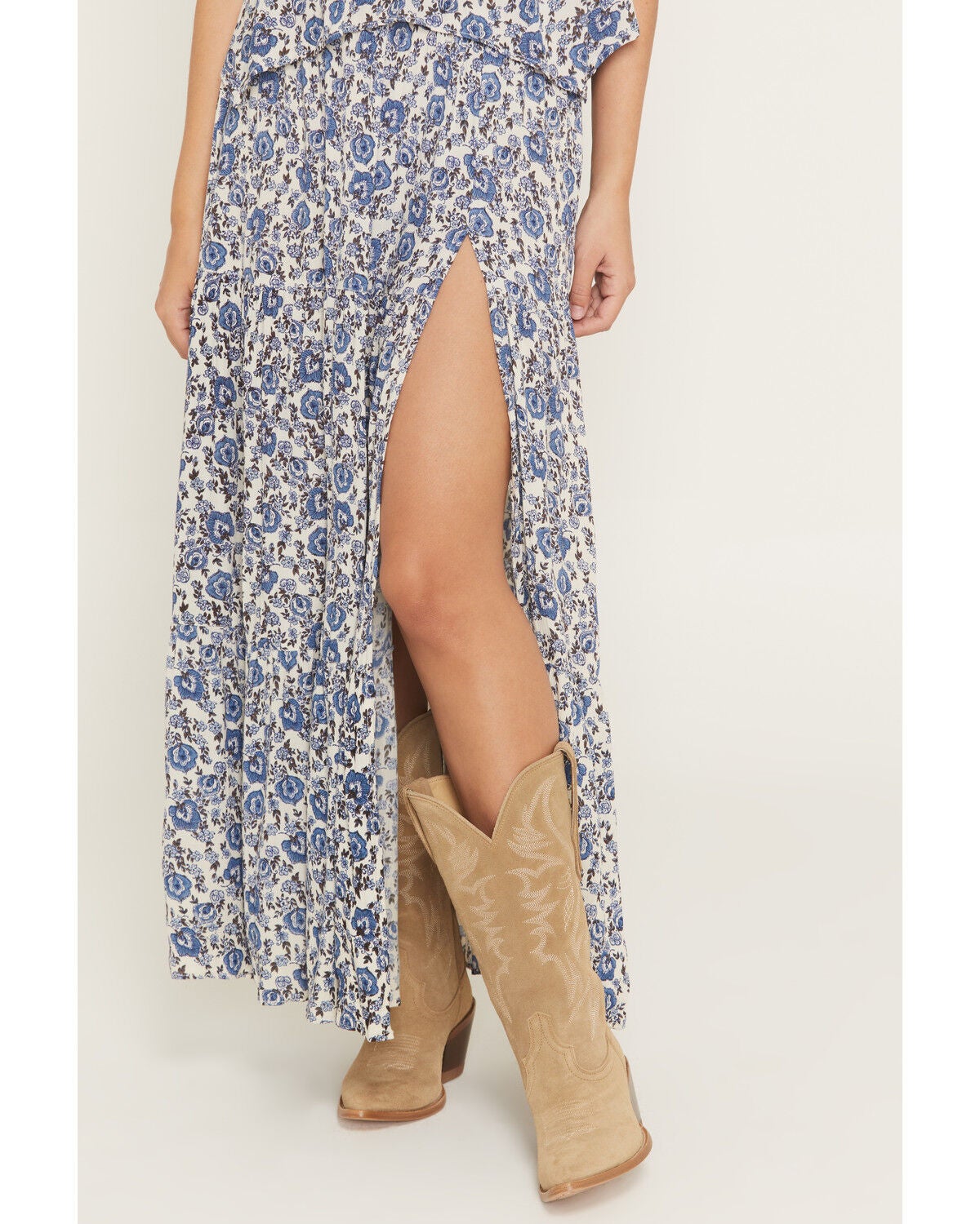 Image #2 - Angie Women's Floral Print Tiered Slit Midi Skirt, Blue, hi-res