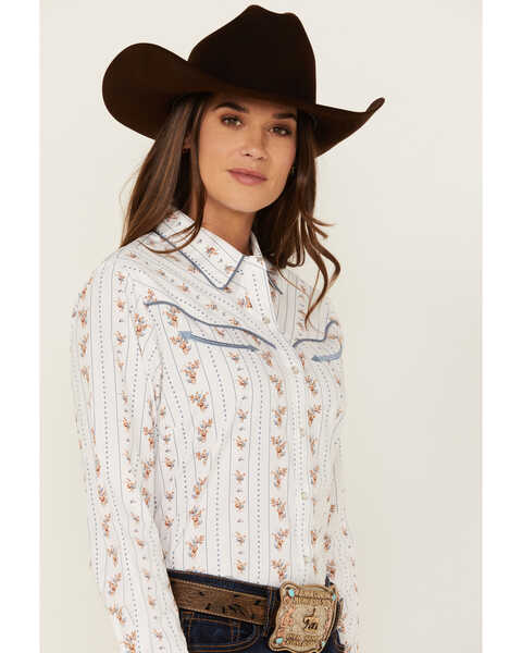 Image #2 - Cumberland Outfitters Floral Long Sleeve Pearl Snap Western Shirt , White, hi-res