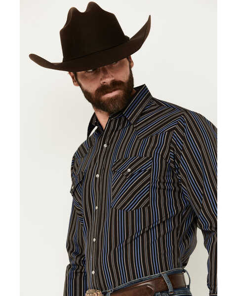 Image #2 - Ely Walker Men's Striped Print Long Sleeve Pearl Snap Western Shirt, Black, hi-res