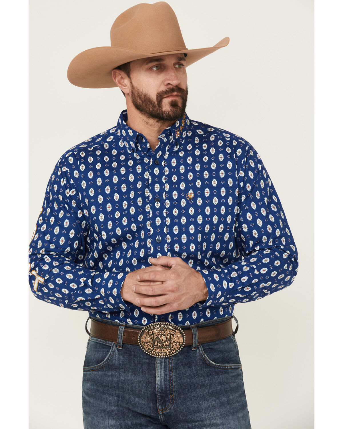 Image #1 - Ariat Men's Team Dax Southwestern Logo Long Sleeve Button-Down Western Shirt, Navy, hi-res