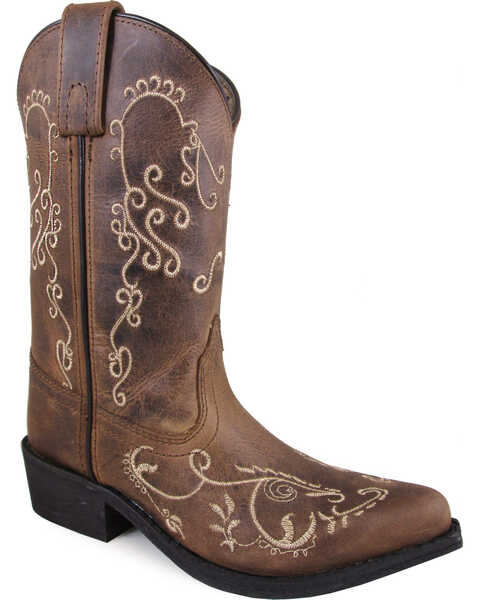 Image #1 - Smoky Mountain Little Girls' Jolene Distressed Western Boots - Snip Toe , Brown, hi-res