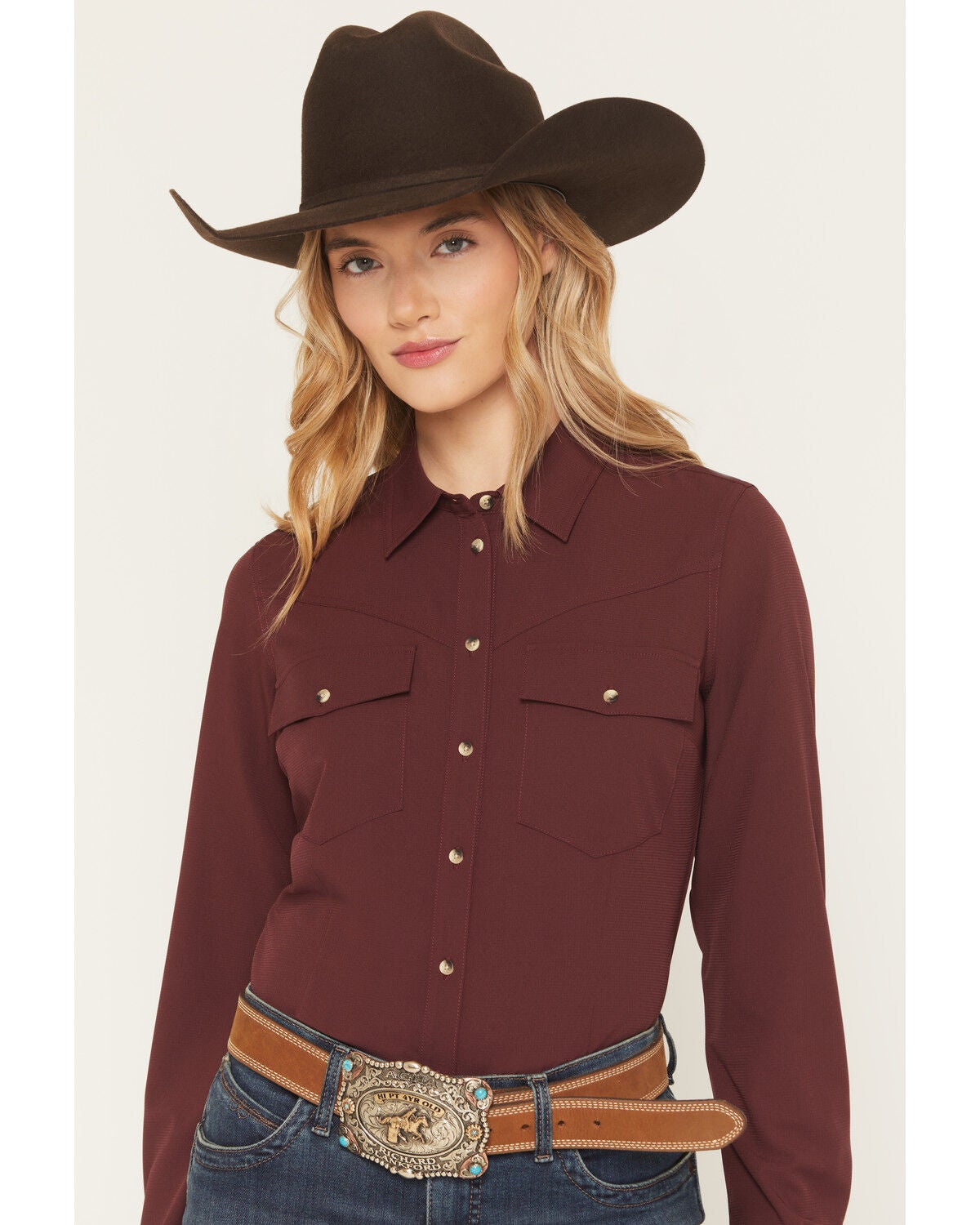 Image #1 - Shyann Women's Solid Long Sleeve Button-Down Stretch Performance Shirt, Brick Red, hi-res