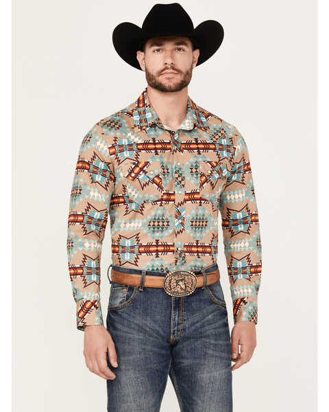 Rock & Roll Denim Men's Southwestern Stretch Long Sleeve Snap Western Shirt, Tan, hi-res