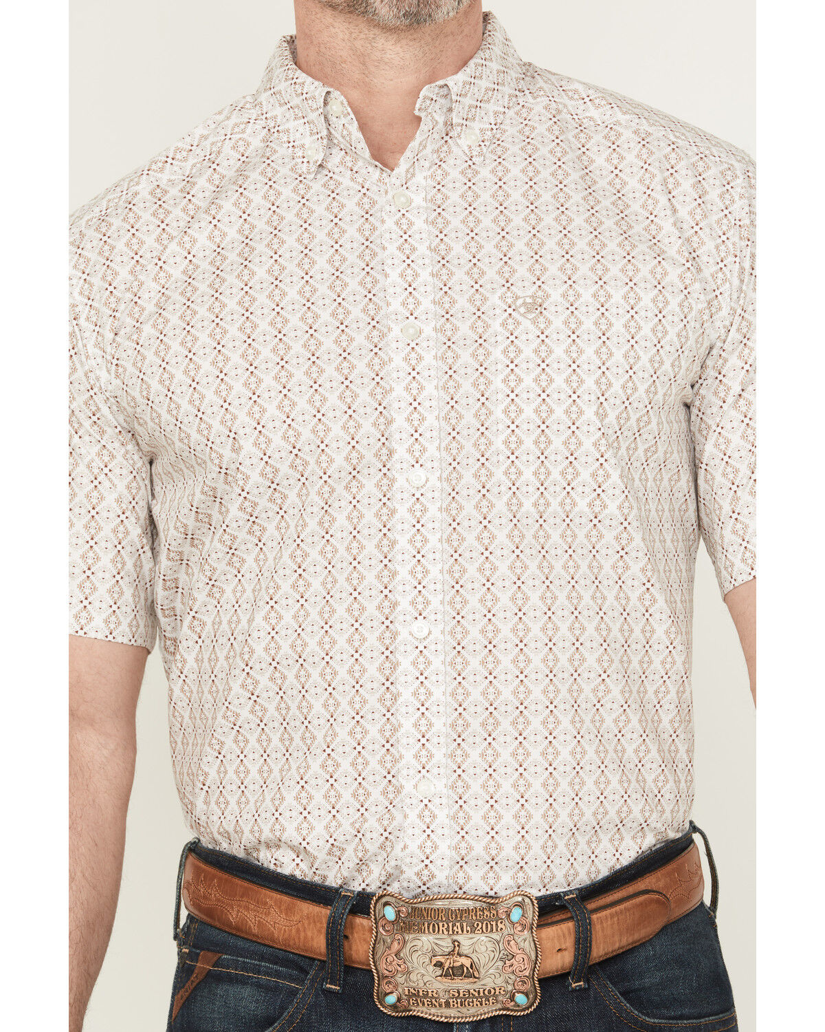 Image #3 - Ariat Men's Carlo Tonal Geo Print Short Sleeve Button-Down Western Shirt, Sand, hi-res