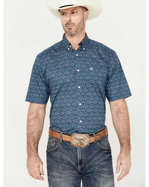 Image #1 - Ariat Men's Wrinkle Free Emmitt Print Button Down Short Sleeve Western Shirt, Teal, hi-res