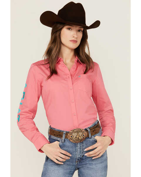 Image #1 - Ariat Women's Team Kirby Wrinkle Resistant Long Sleeve Button-Down Stretch Western Shirt, Bright Pink, hi-res