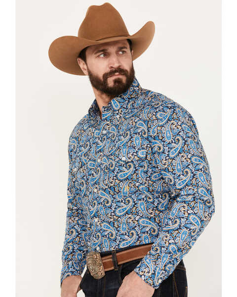 Image #2 - Roper Men's Amarillo Paisley Print Long Sleeve Western Snap Shirt, Blue, hi-res