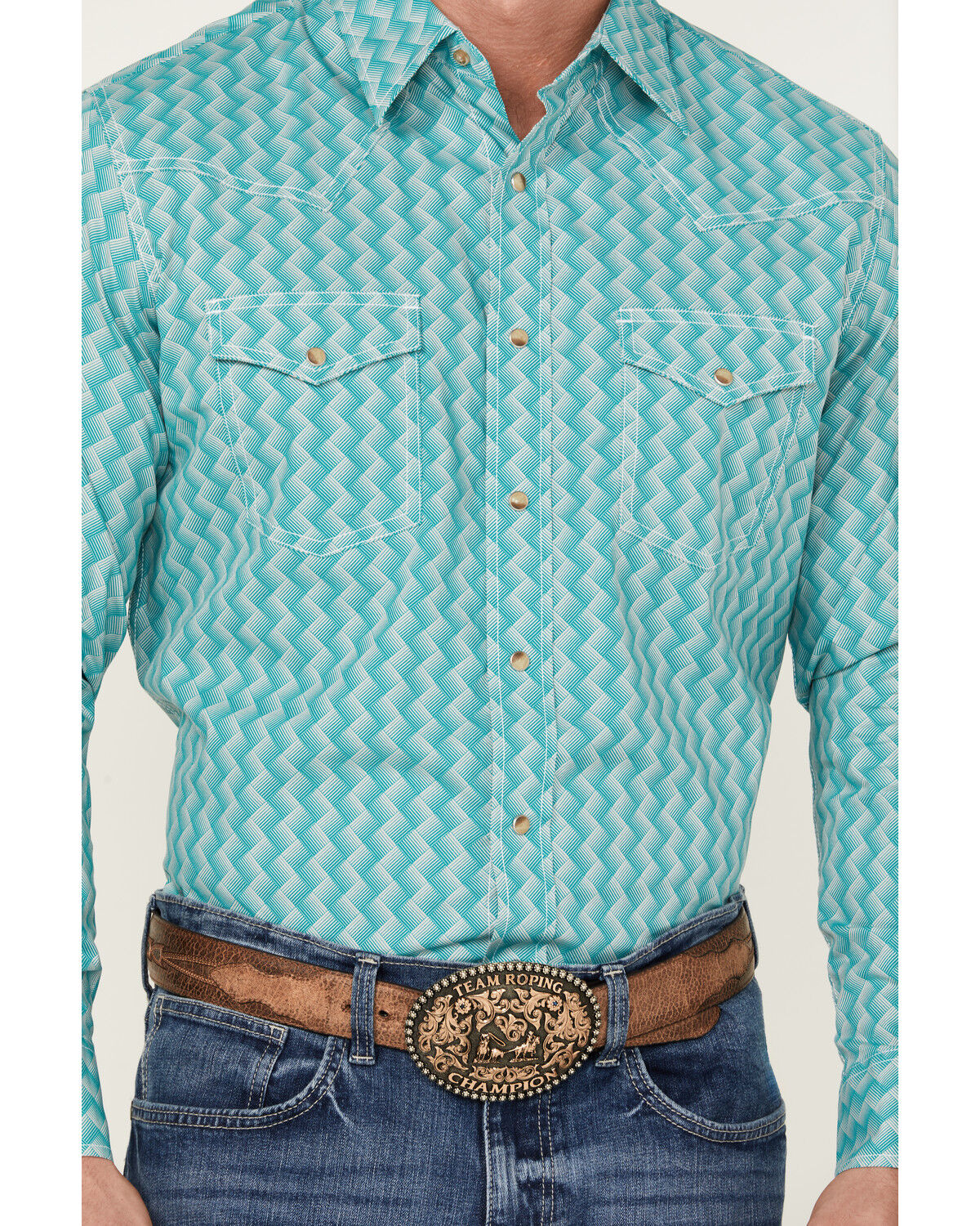 Image #3 - Wrangler 20X Men's Square Geo Print Long Sleeve Snap Stretch Western Shirt, Green, hi-res