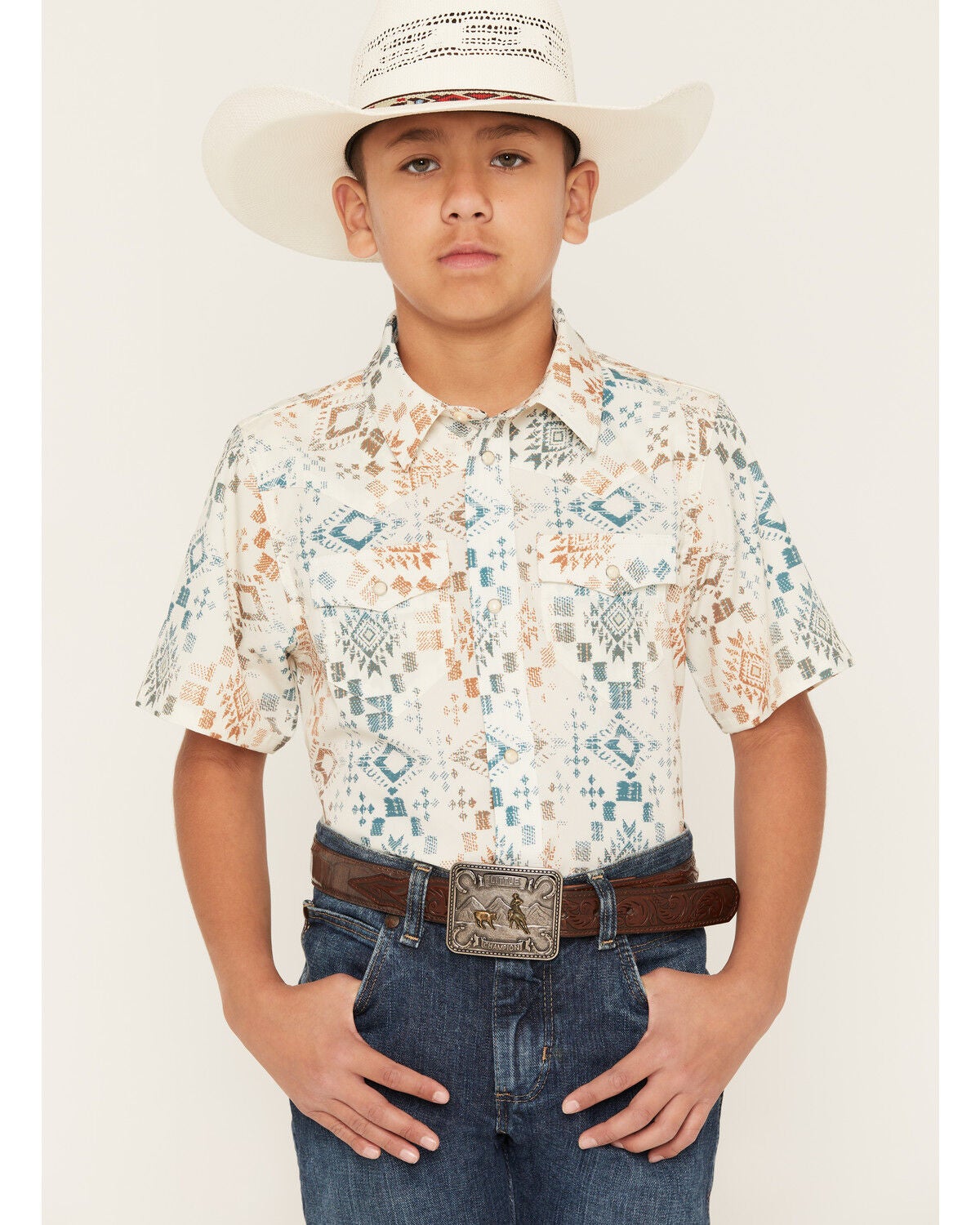 Image #1 - RANK 45&reg; Boys' Everglades 2.0 Southwestern Print Short Sleeve Snap Stretch Western Shirt, Ivory, hi-res
