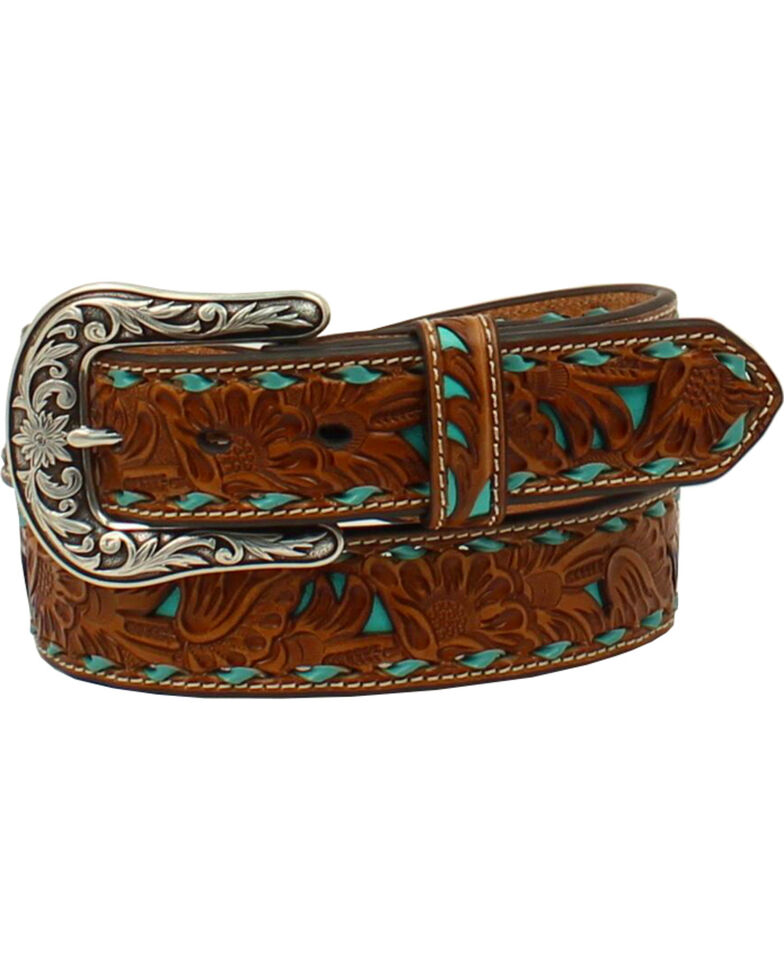 Nocona Women's Brown Embossed Turquoise Inlay Belt, Turquoise, hi-res