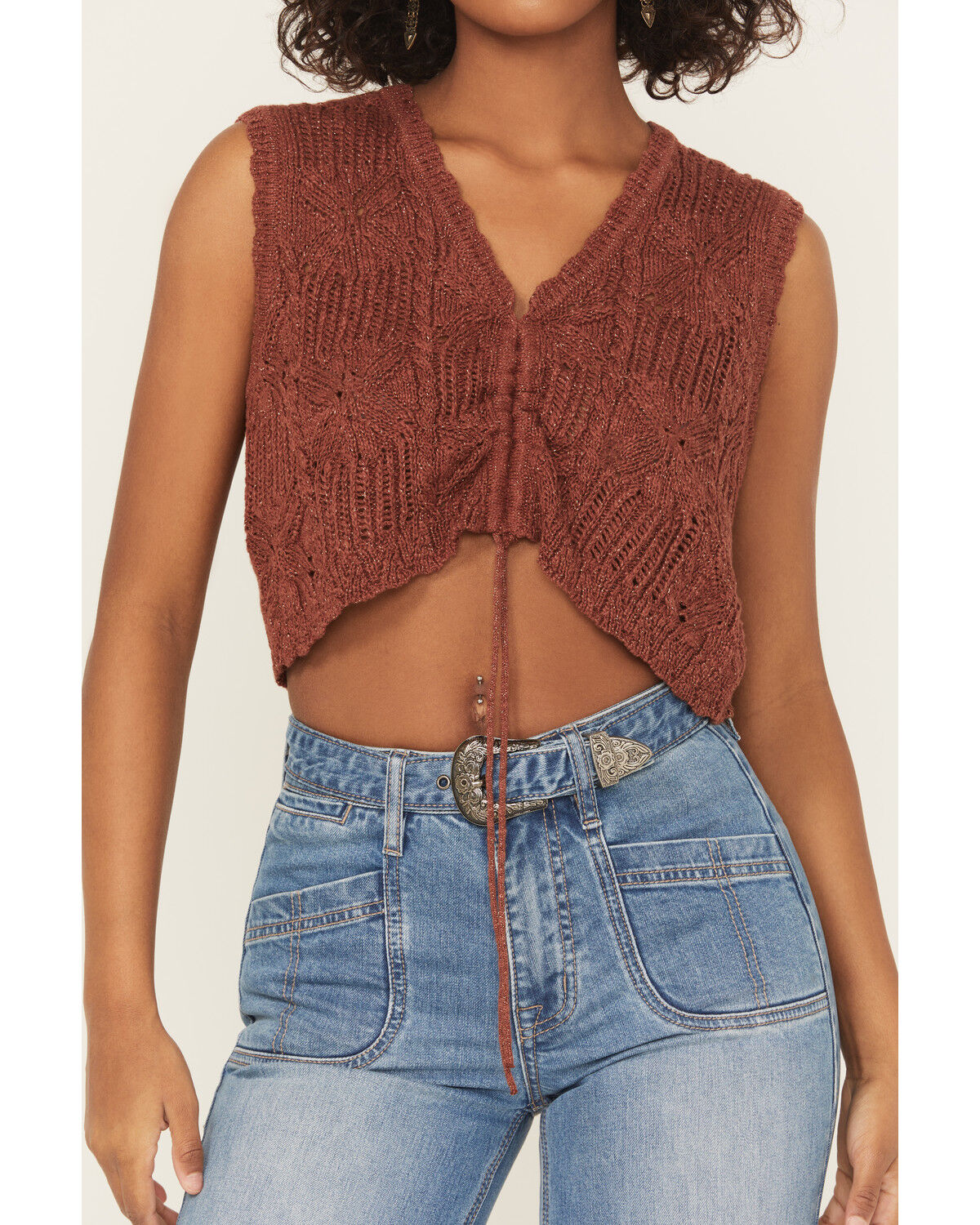Image #3 - Shyanne Women's Metallic Cinch-Front Sweater Tank, Mahogany, hi-res