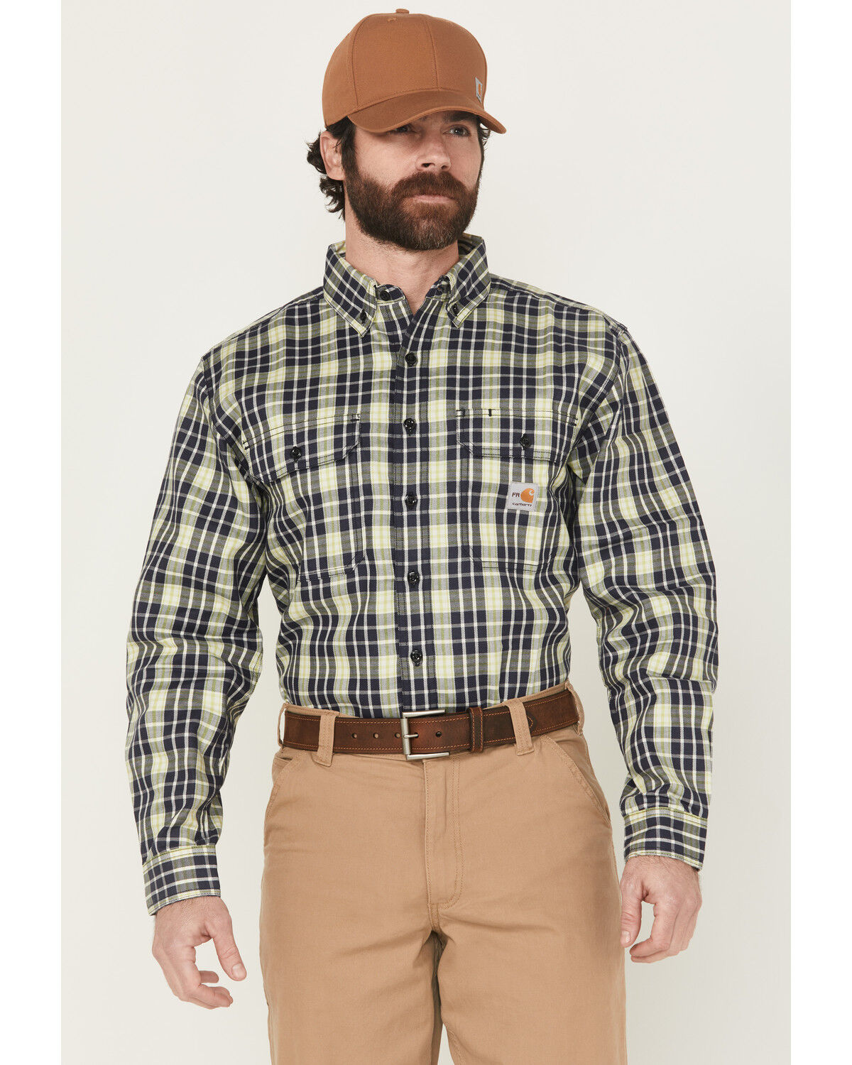 Image #1 - Carhartt Men's FR Force Rugged Flex® Plaid Print Long Sleeve Button-Down Work Shirt, Navy, hi-res