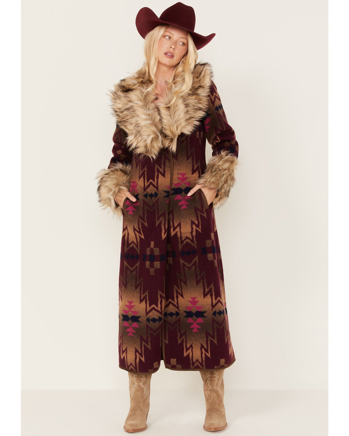 Image #1 - Tasha Polizzi Women's Southwestern Print Faux Fur Adirondack Blanket Coat, , hi-res