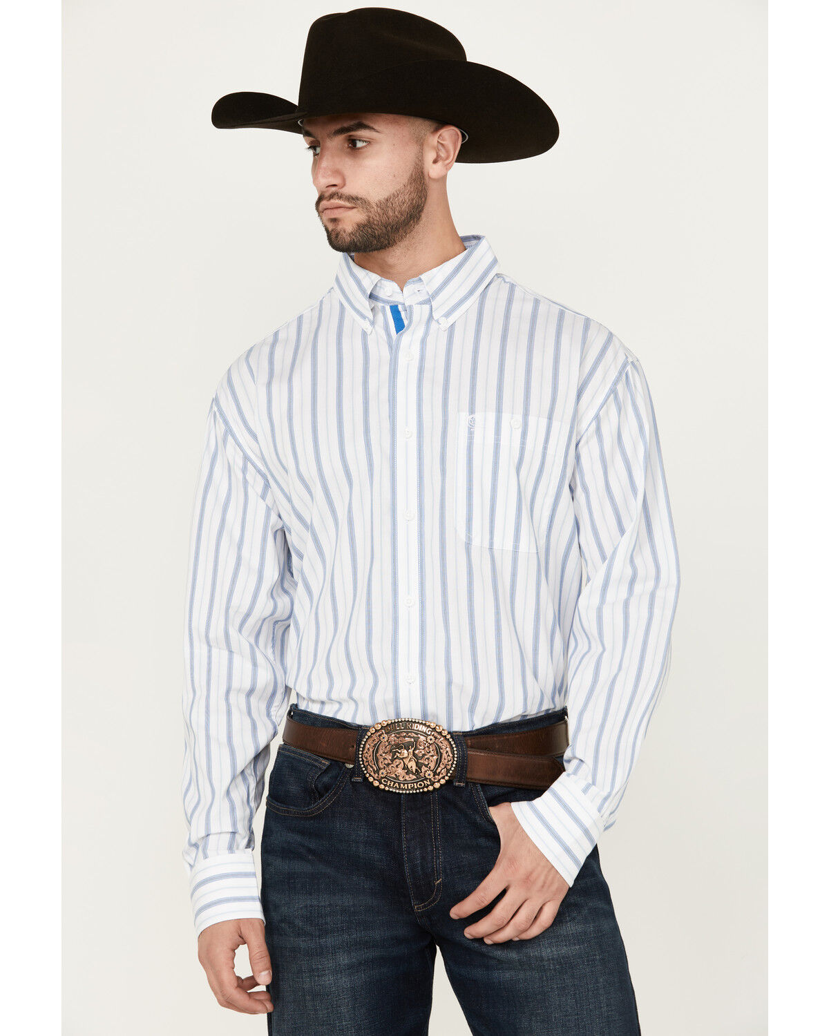 Image #1 - George Strait by Wrangler Men's Striped Long Sleeve Button-Down Stretch Western Shirt - Big, White, hi-res