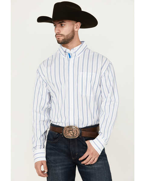George Strait by Wrangler Men's Striped Long Sleeve Button-Down Stretch Western Shirt - Big , White, hi-res