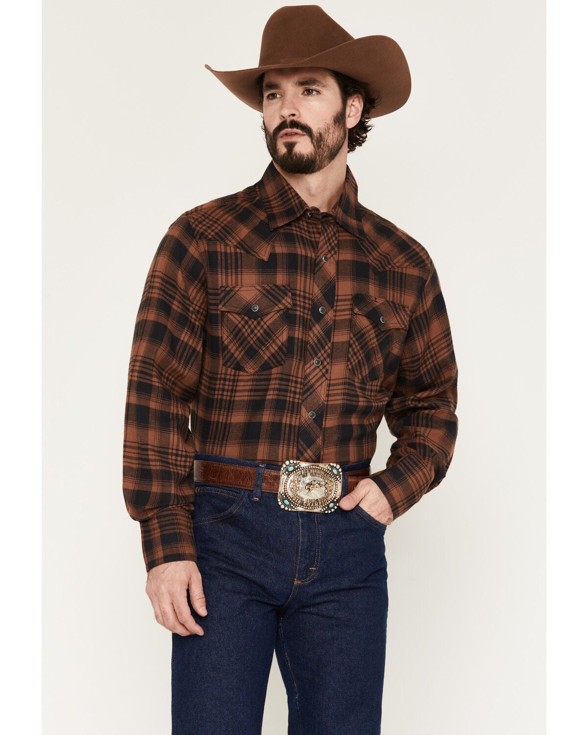 Image #1 - Wrangler Retro Men's Plaid Print Long Sleeve Snap Flannel Shirt, Brown, hi-res