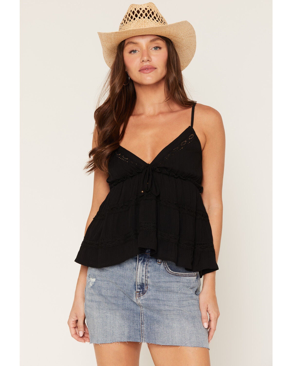 Angie Women's Sleeveless Lace Trim Tiered Cami, Black, hi-res