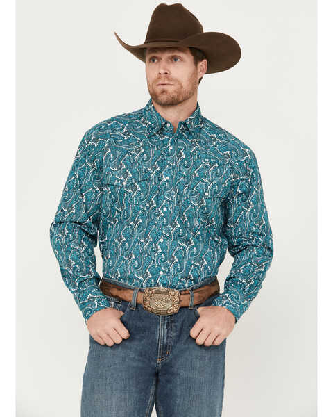 Roper Men's Amarillo Paisley Print Long Sleeve Western Snap Shirt, Teal, hi-res