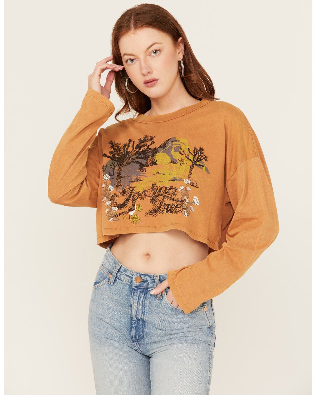 Cleo + Wolf Women's Joshua Tree Long Sleeve Cropped Tee, Lt Brown, hi-res