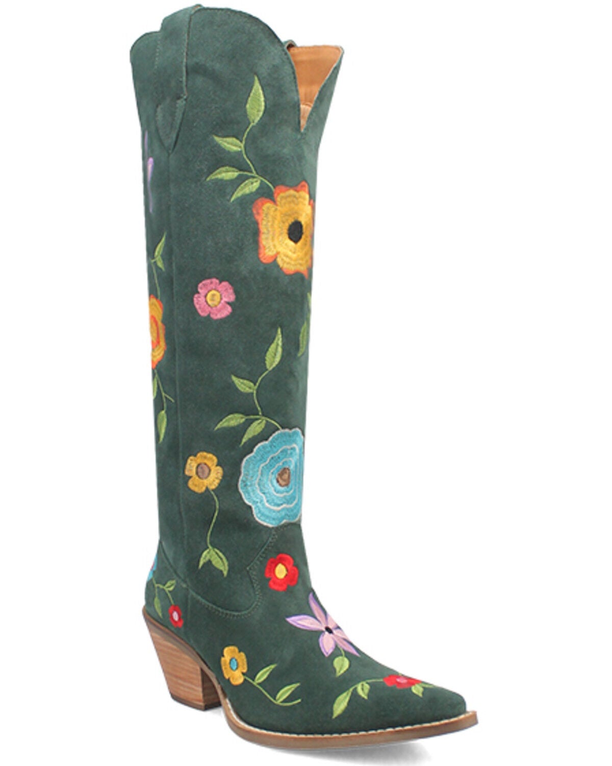 Dingo Women's Flower Power Suede Tall Western Boots - Snip Toe, Green, hi-res