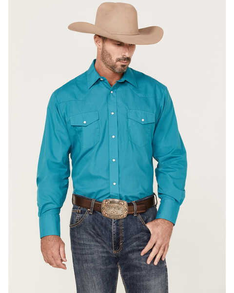 Image #1 - Roper Men's Classic Solid Long Sleeve Pearl Snap Western Shirt , Teal, hi-res