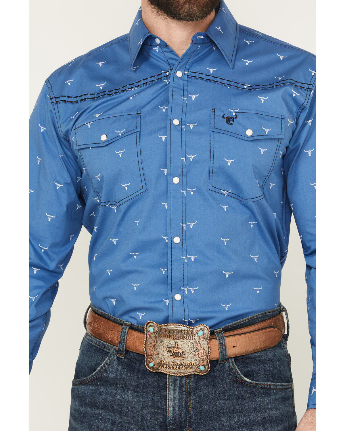 Image #3 - Cowboy Hardware Men's Steerhead Print Long Sleeve Snap Stretch Western Shirt, Royal Blue, hi-res