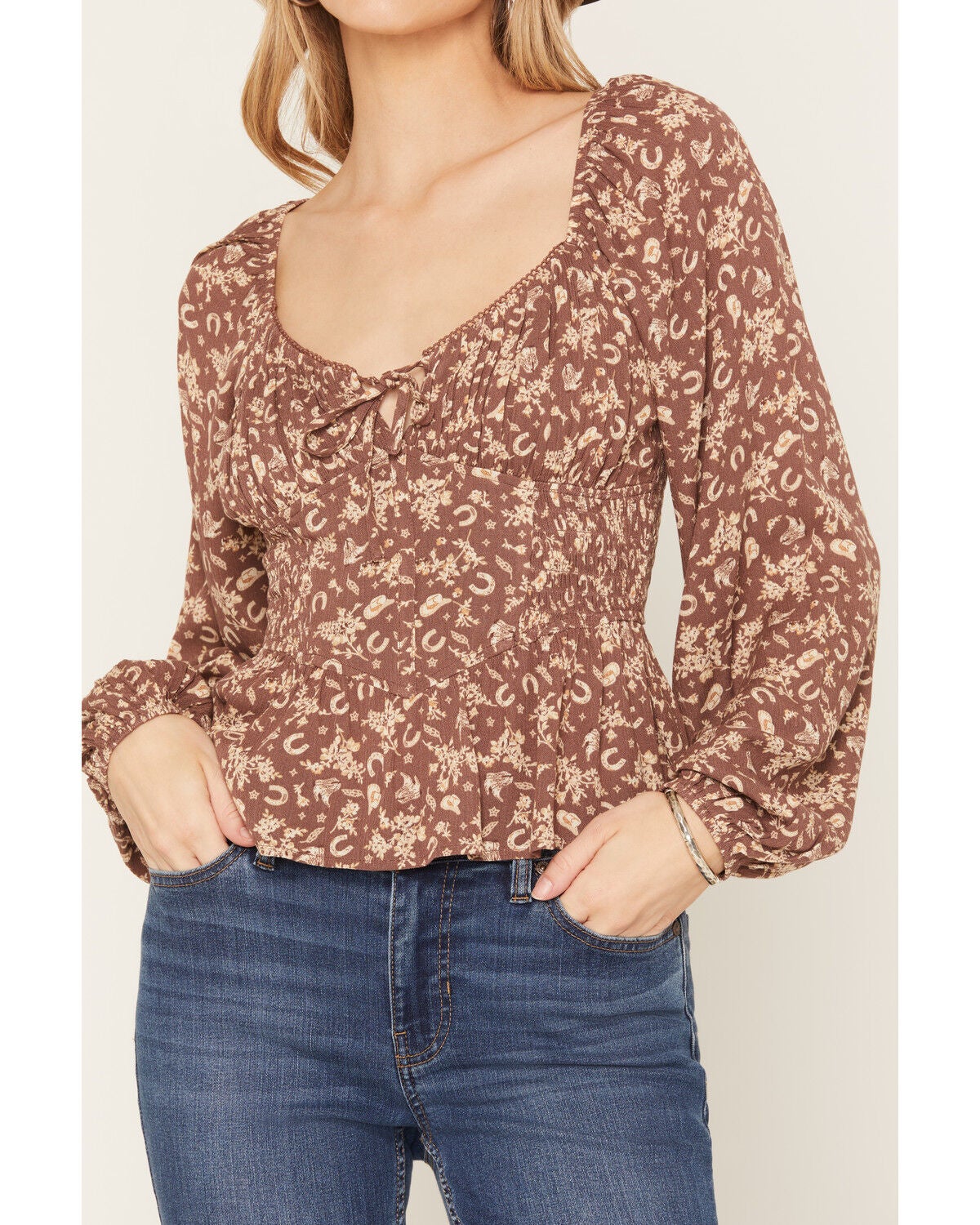 Image #3 - Ash & Violet Women's Boot Barn Exclusive Conversational Print Corset Top, Brown, hi-res