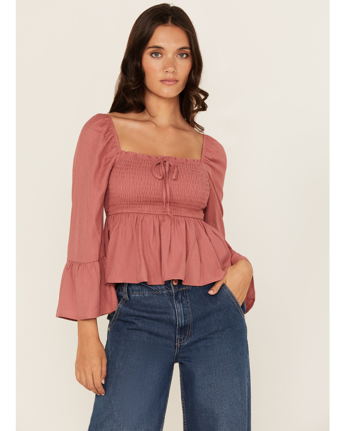 Image #1 - Ash & Violet Women's Solid Smocked Long Sleeve Blouse, Pink, hi-res