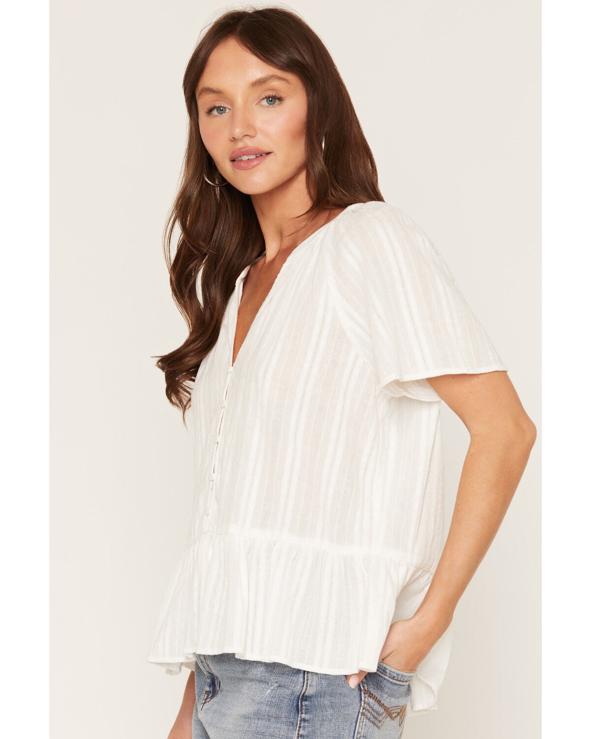 Image #2 - Lovestitch Women's Short Sleeve Peplum Top, White, hi-res