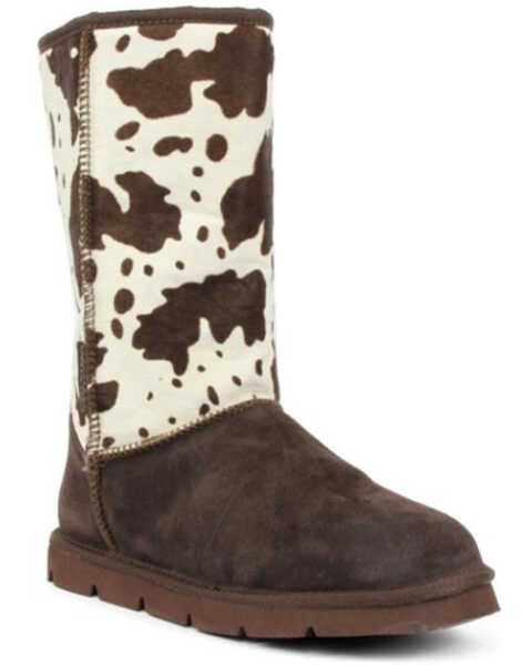 Superlamb Women's Turano 11" Cow Print Real Hair-On Casual Pull On Boots - Round Toe , Chocolate, hi-res