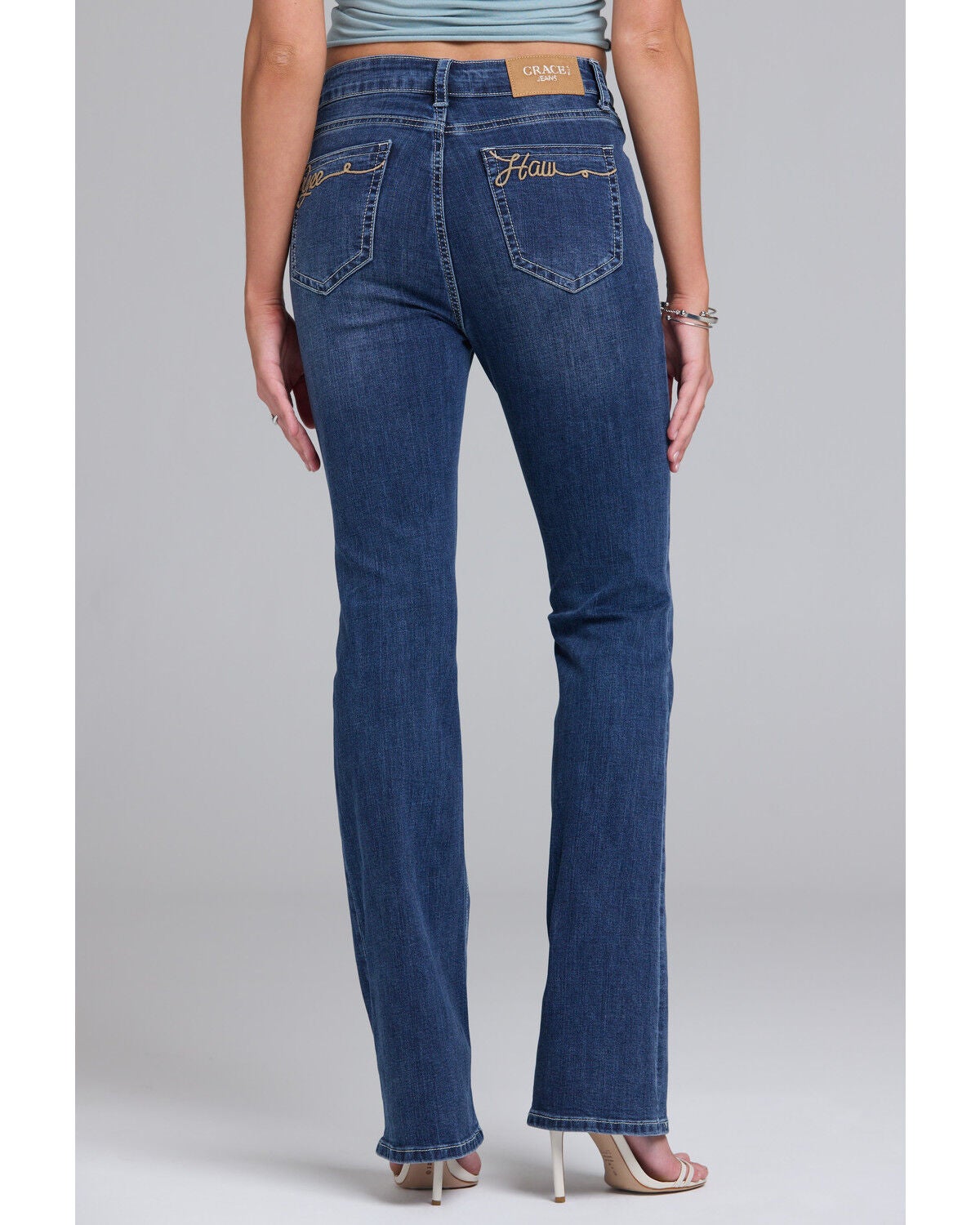 Grace in LA Women's Dark Wash Yeehaw Pocket Flare Stretch Denim Jeans, Dark Wash, hi-res
