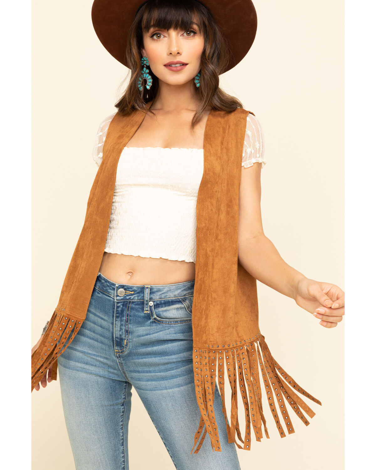 Image #1 - Vocal Women's Studded Fringe Vest, Camel, hi-res