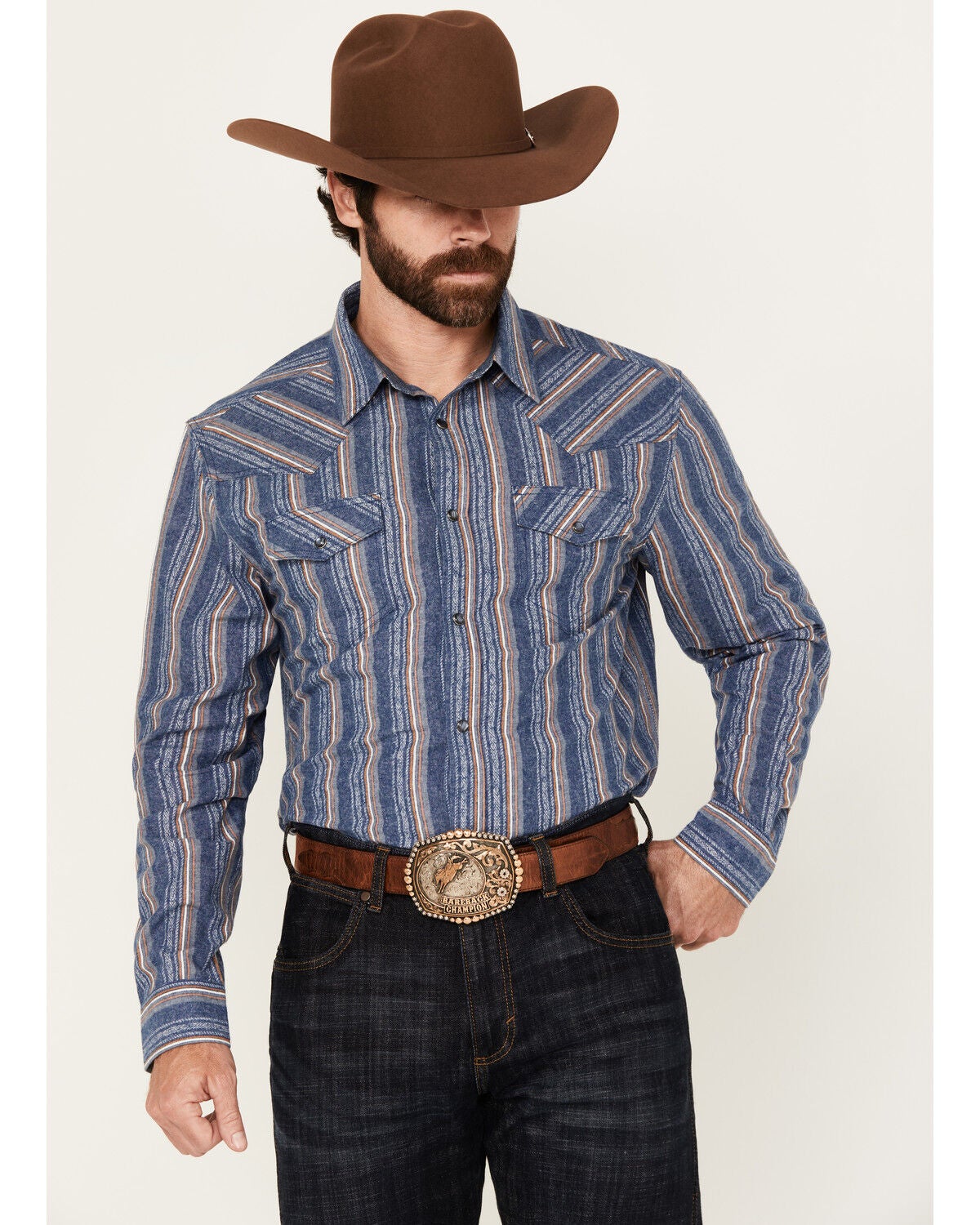 Cody James Men's Alpine Southwestern Striped Long Sleeve Pearl Snap Western Shirt, Navy, hi-res