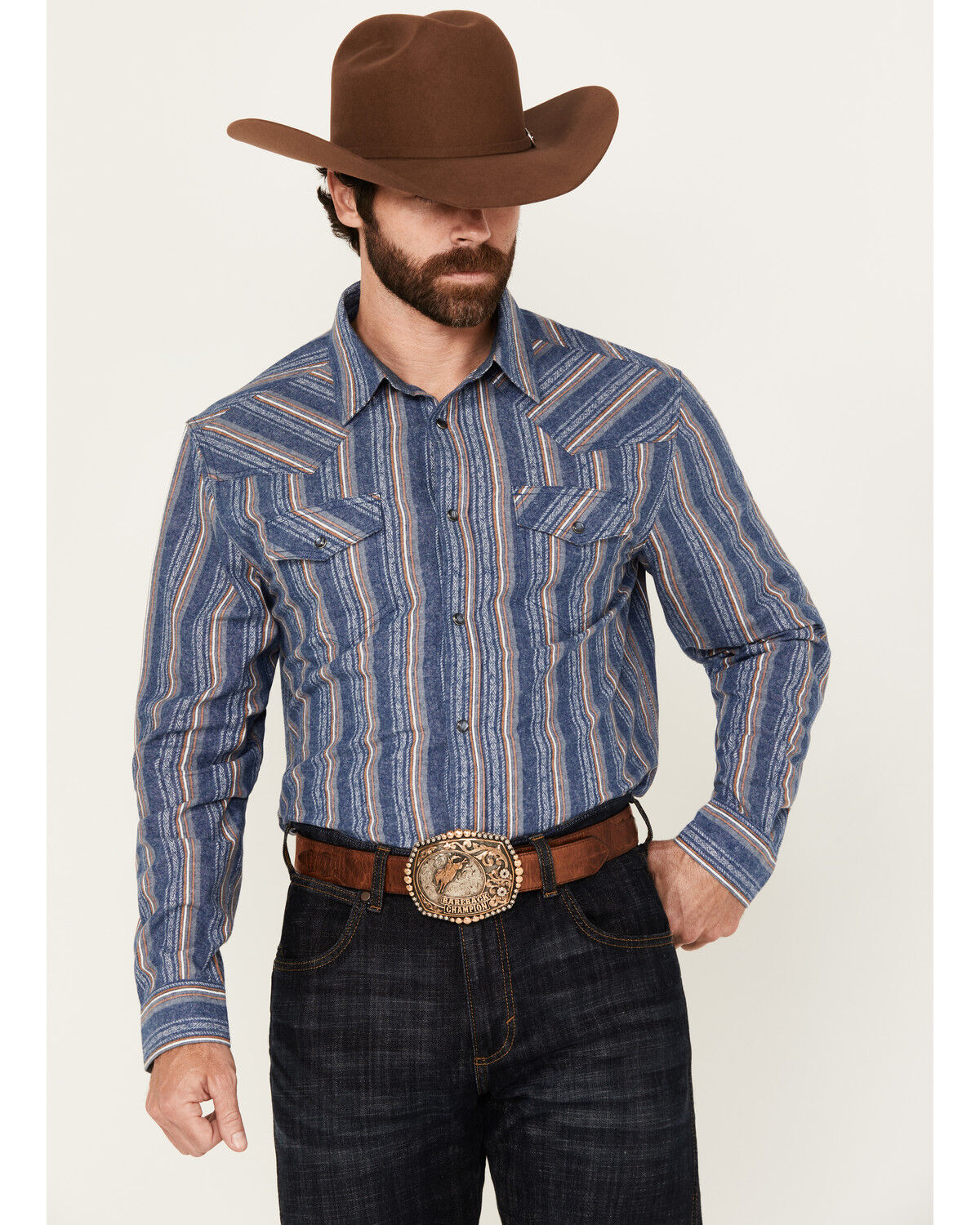 Image #1 - Cody James Men's Alpine Southwestern Striped Long Sleeve Pearl Snap Western Shirt, Navy, hi-res