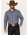Image #1 - Cody James Men's Alpine Southwestern Striped Long Sleeve Pearl Snap Western Shirt, Navy, hi-res