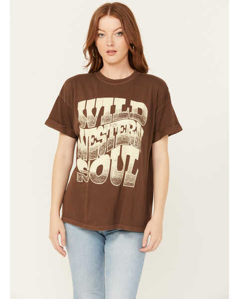Image #1 - Girl Dangerous Women's Wild Western Soul Relaxed Short Sleeve Graphic Tee, Brown, hi-res