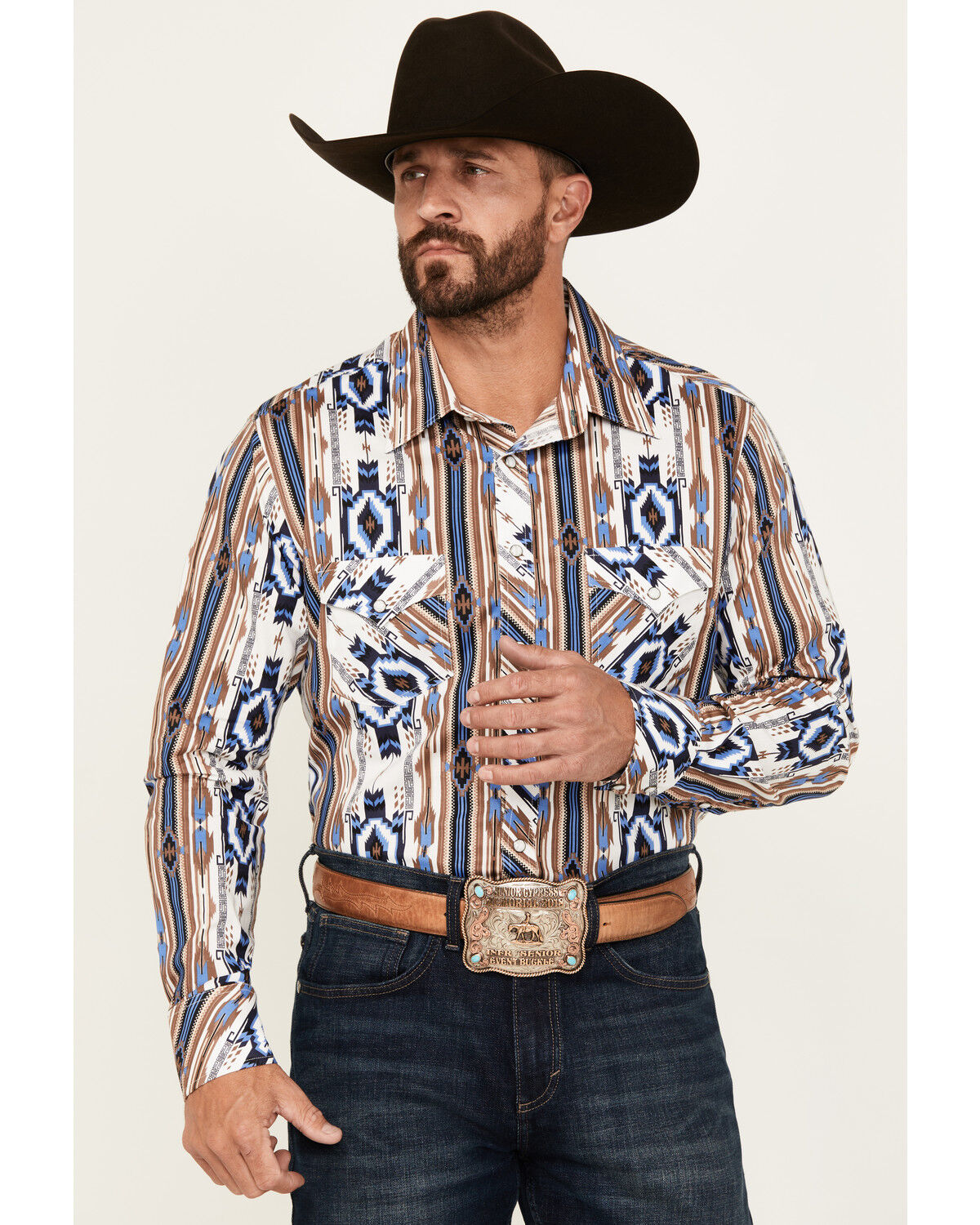 Image #1 - Rock & Roll Denim Men's Southwestern Print Long Sleeve Snap Stretch Western Shirt, Blue, hi-res