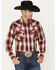Image #1 - Ely Walker Men's Plaid Print Long Sleeve Pearl Snap Western Shirt, Burgundy, hi-res